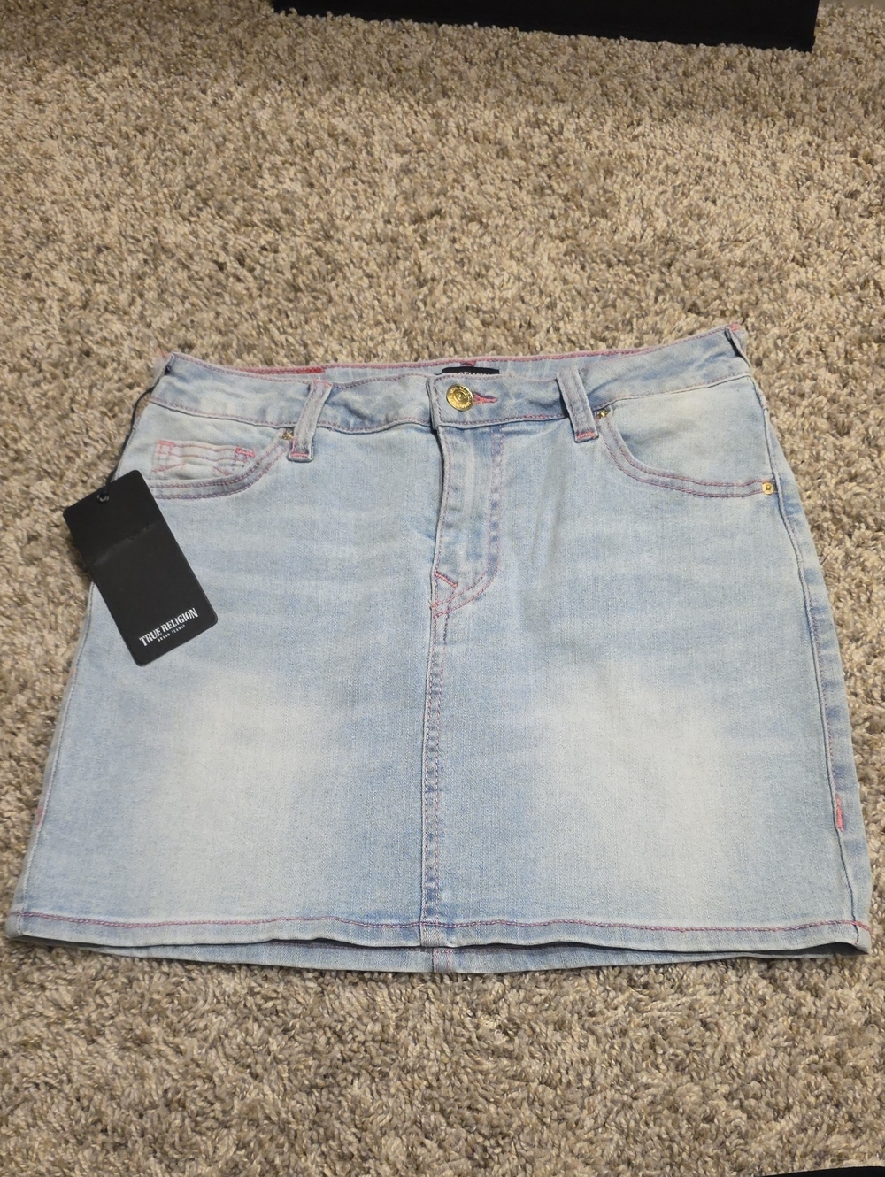 NWT True Religion Light Wash Denim Mini Skirt w/ Pink Stitching